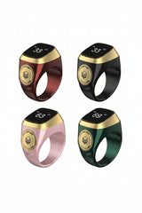 Five smart rings in different colors on a white background